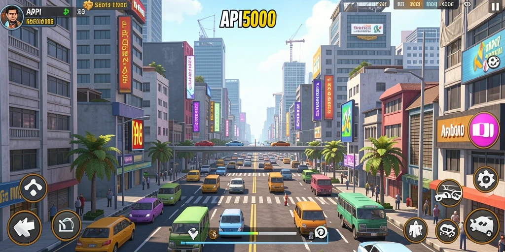 Screenshot utama API5000 menampilkan kehidupan kota yang dinamis dan interaksi antar karakter.