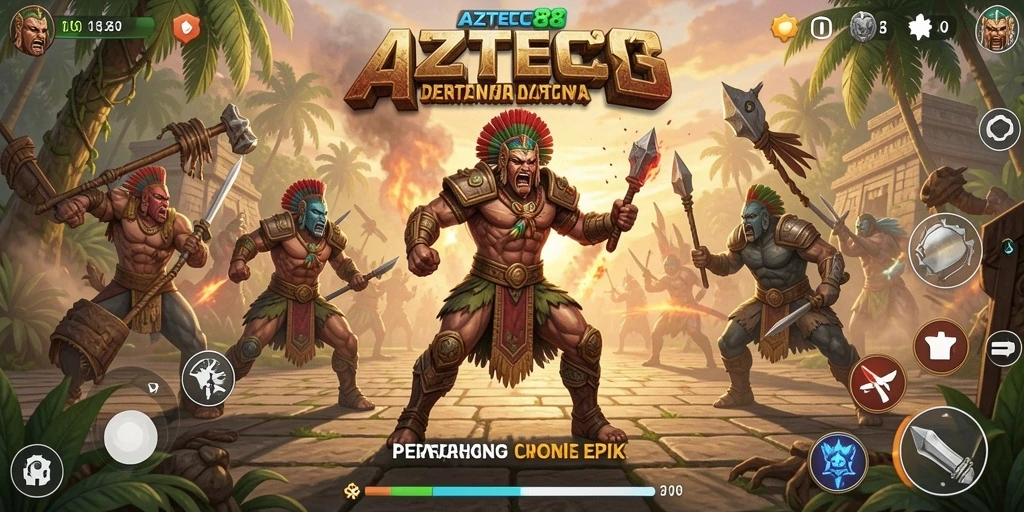 Tampilan gameplay <strong>AZTEC88</strong> yang penuh aksi dan karakter bertarung.