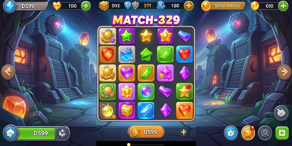 Screenshot gameplay DS99 menampilkan aksi Match-3 yang seru.