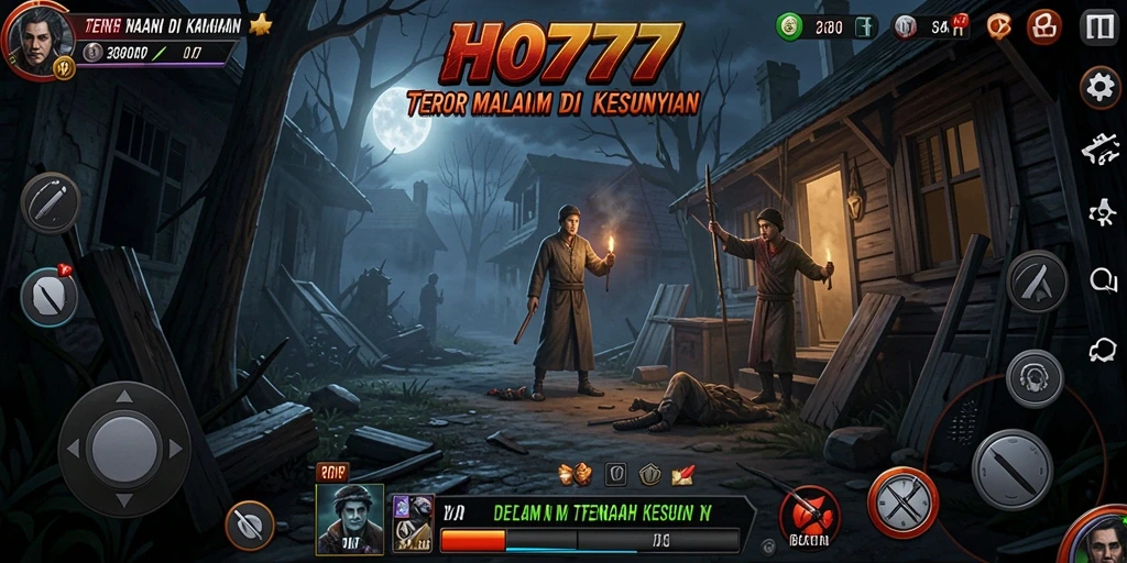 Tangkapan layar utama dari gameplay HO777 menampilkan suasana ketegangan dan kegelapan.