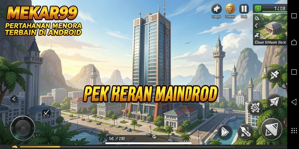 Tangkapan layar gameplay MEKAR99 menunjukkan menara bertahan melawan gelombang musuh.