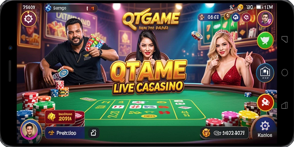 Screenshot gameplay QTGAME yang menampilkan dealer langsung dan interaksi seru.