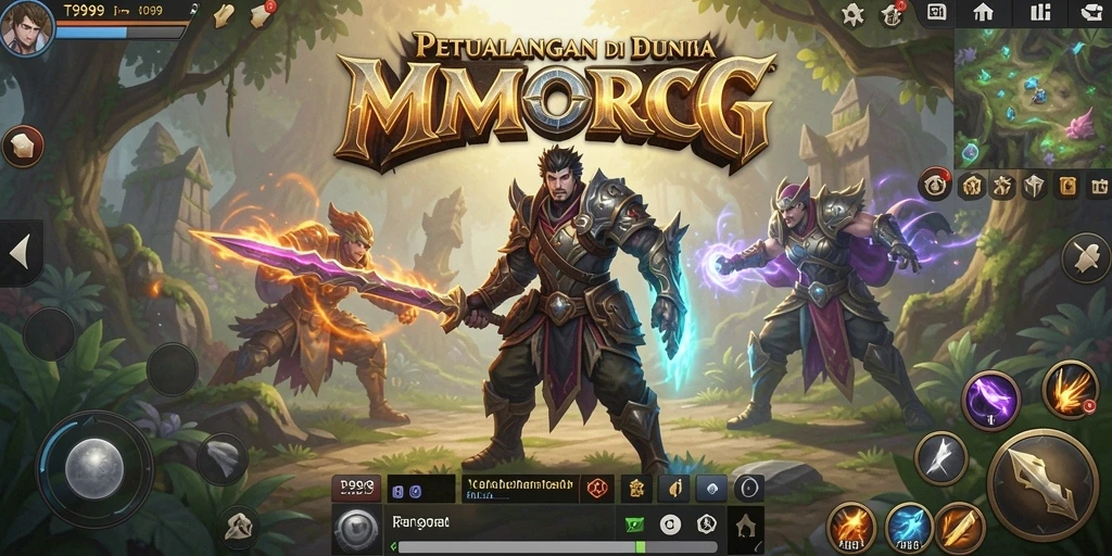 Tangkapan layar utama T9999 menampilkan aksi seru dalam dunia MMORPG.